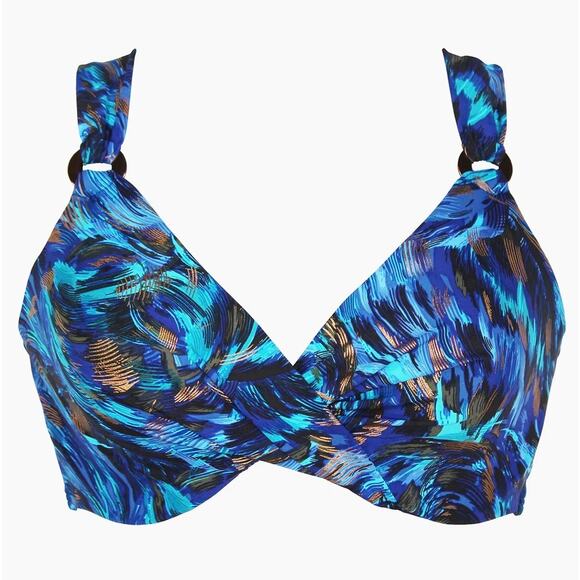 Miraclesuit Plunge Bra, Blue Multi, Nylon Spandex, Underwire Swim Top, 36DDD - Picture 3 of 16